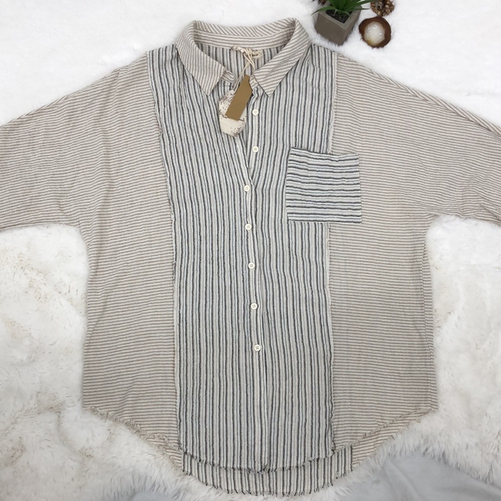 Hem & Thread Mixed Print Striped Linen Blend Button Down Shirt Size Large NWT